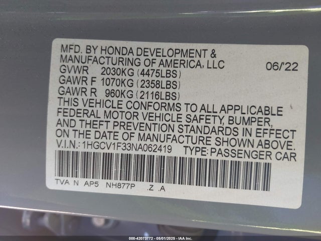 Honda l15be 2022 1HGCV1F33NA062419 Image 9
