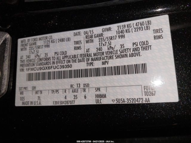 1FMCU9GX6FUC39350 Ford ESCAPE SE