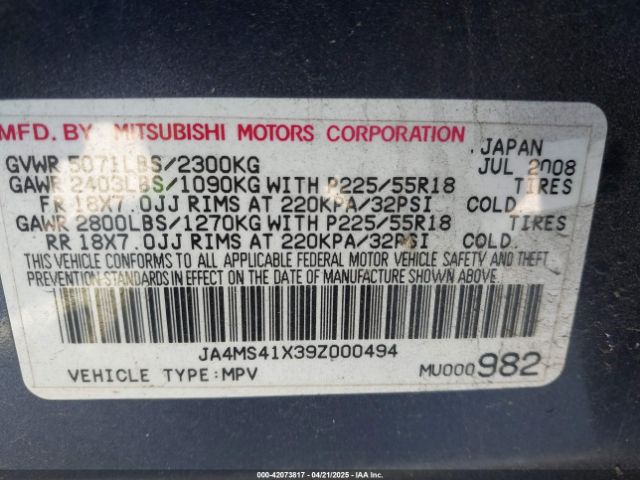 2009 MITSUBISHI OUTLANDER JA4MS41X39Z000494 Photo 8