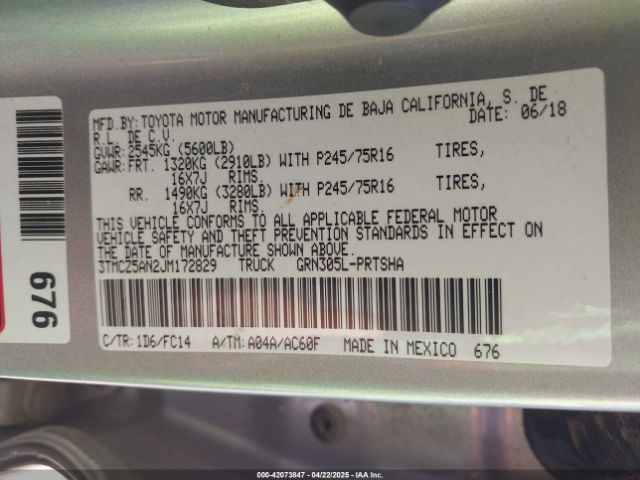 3TMCZ5AN2JM172829 Toyota Tacoma Sr5 V6