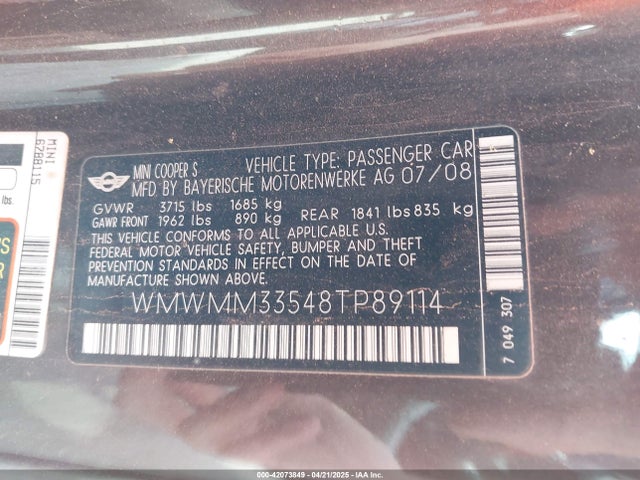2008 MINI COOPER S CLUBMAN WMWMM33548TP89114 Photo 8
