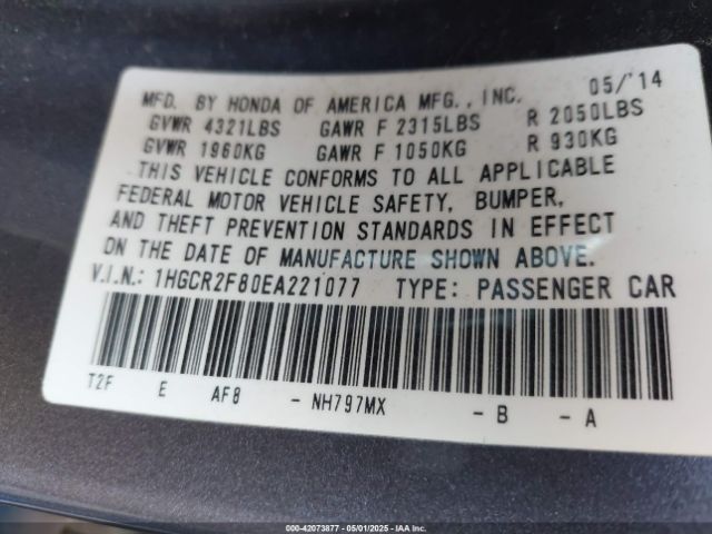 1HGCR2F80EA221077 Honda Accord Ex-l