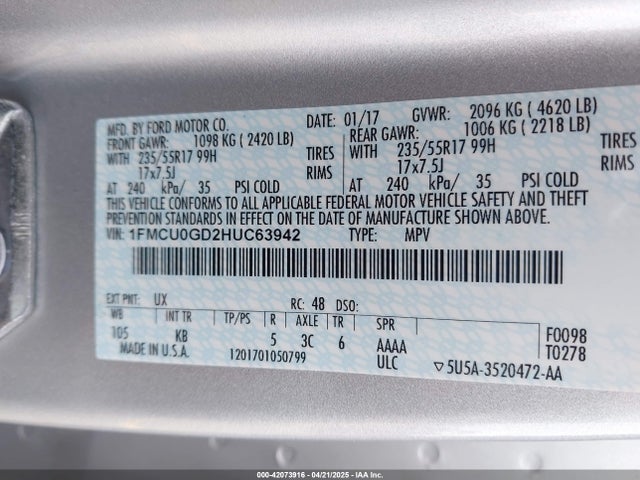 1FMCU0GD2HUC63942 Ford ESCAPE SE