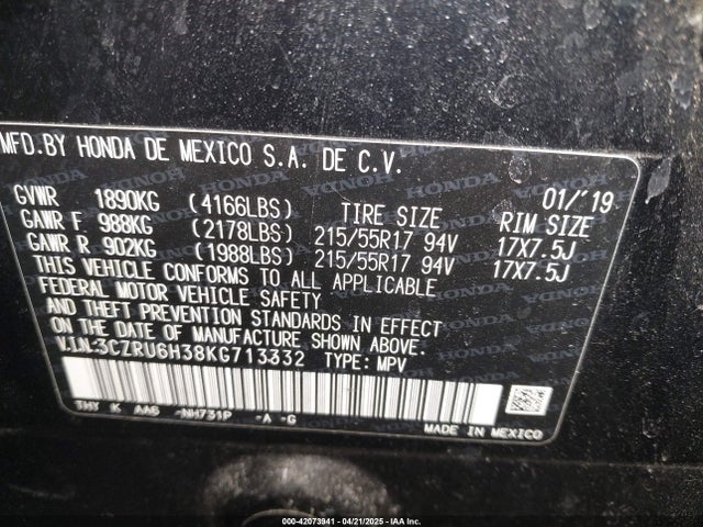 3CZRU6H38KG713332 Honda HR-V LX