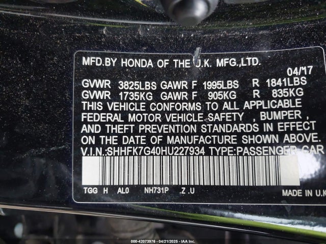 SHHFK7G40HU227934 Honda Civic Sport