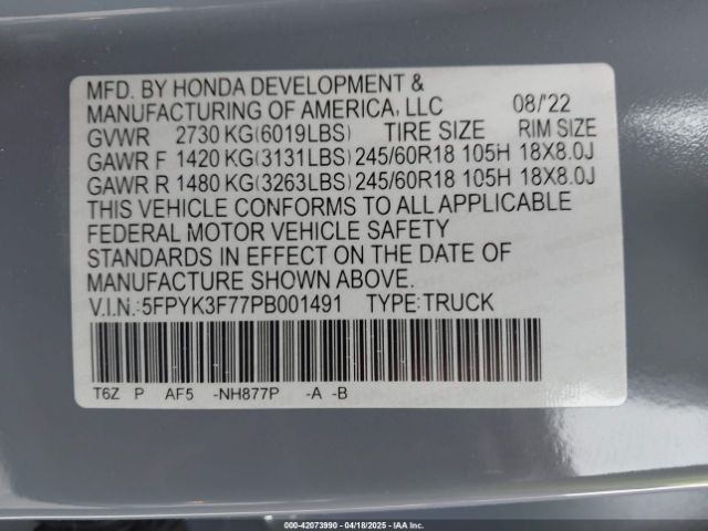 5FPYK3F77PB001491 Honda Ridgeline Rtl-e