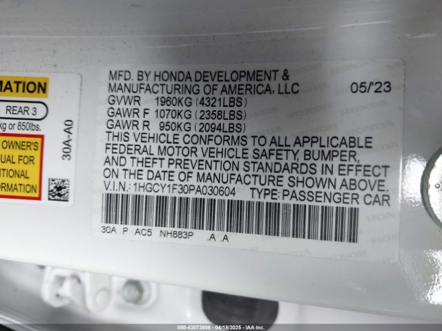 1HGCY1F30PA030604 Honda ACCORD EX