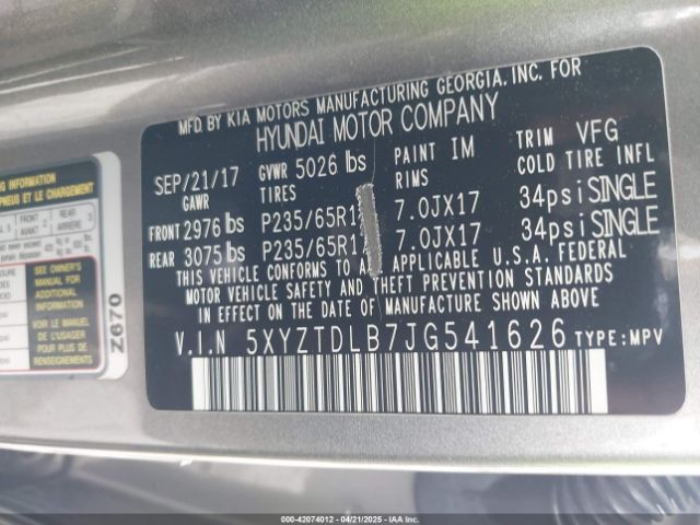 5XYZTDLB7JG541626 Hyundai Santa Fe Sport 2.4l