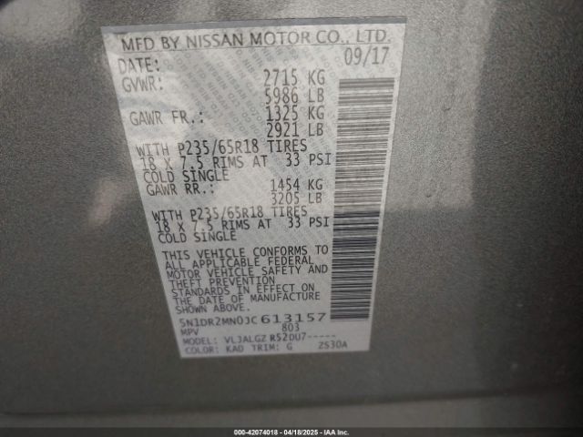 5N1DR2MN0JC613157 Nissan Pathfinder Sl