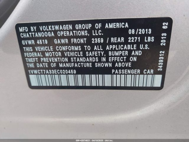 1VWCT7A33EC020459 Volkswagen Passat 1.8t Sel Premium