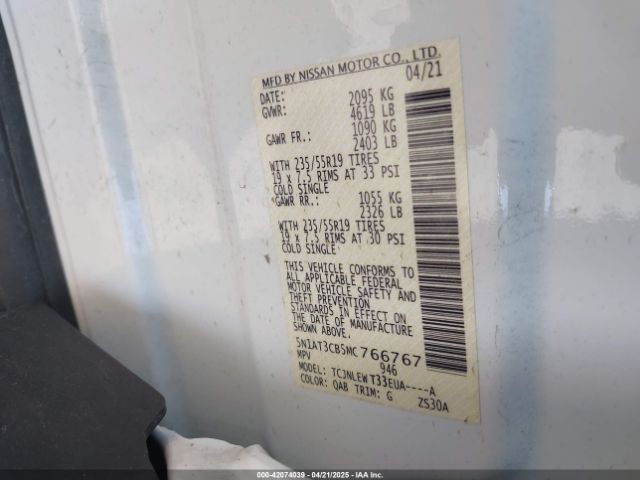 5N1AT3CB5MC766767 Nissan Rogue Sl Intelligent Awd