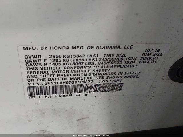 5FNYF6H07GB120379 Honda Pilot Elite