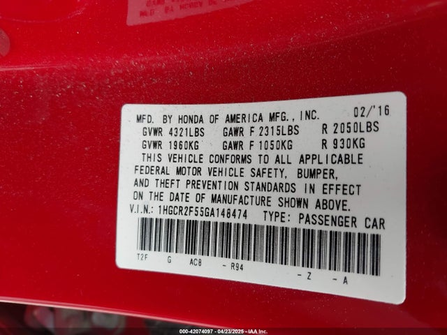 1HGCR2F55GA148474 Honda Accord Sport