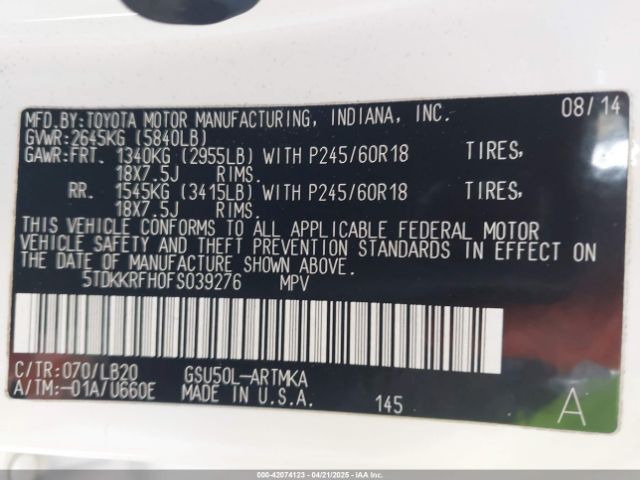 5TDKKRFH0FS039276 Toyota Highlander Xle V6
