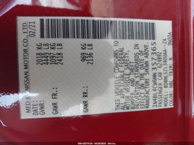 1N4BL4CW6MN357365 Nissan Altima Sr Intelligent Awd
