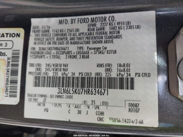 3LN6L5KU7HR634671 Lincoln Mkz Hybrid Premiere
