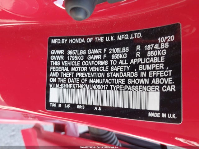 SHHFK7H62MU406017 Honda CIVIC EX
