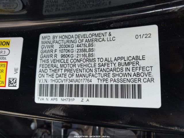 1HGCV1F34NA017764 Honda Accord Sport