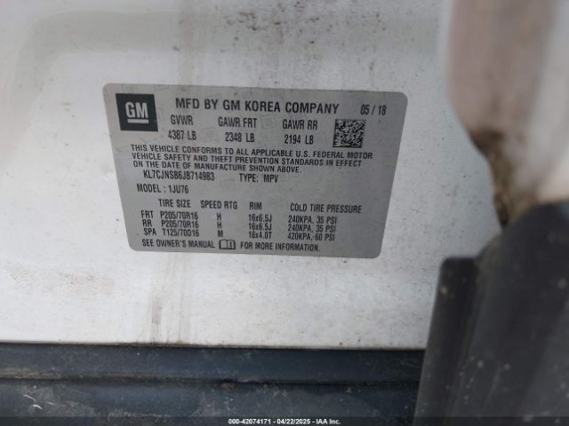 KL7CJNSB6JB714983 Chevrolet TRAX LS