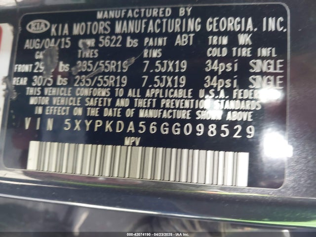 5XYPKDA56GG098529 KIA Sorento 3.3l Sxl