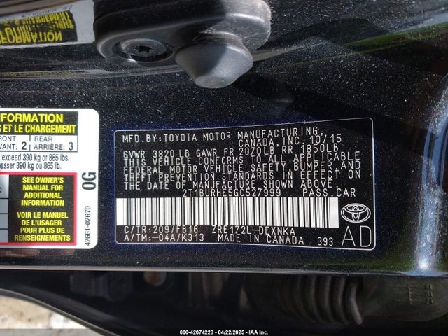2T1BURHE5GC527999 Toyota COROLLA LE