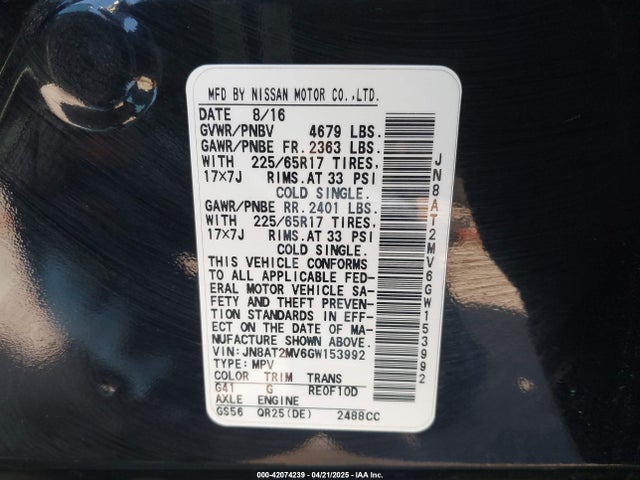 JN8AT2MV6GW153992 Nissan ROGUE S