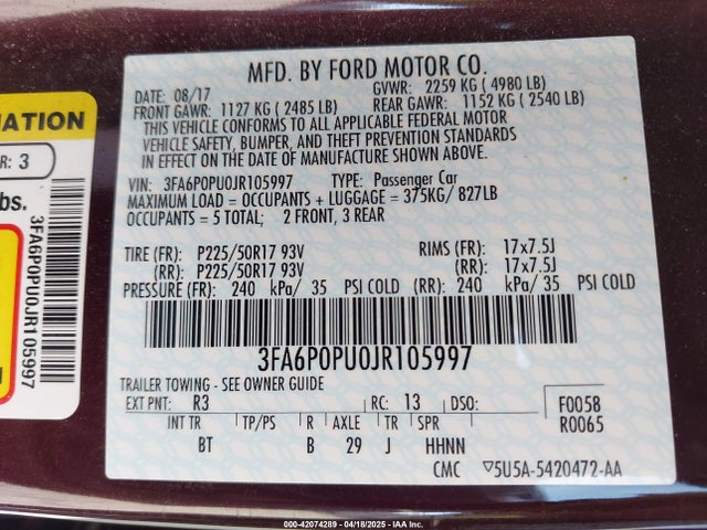 3FA6P0PU0JR105997 Ford 2.0l 4v atk hev