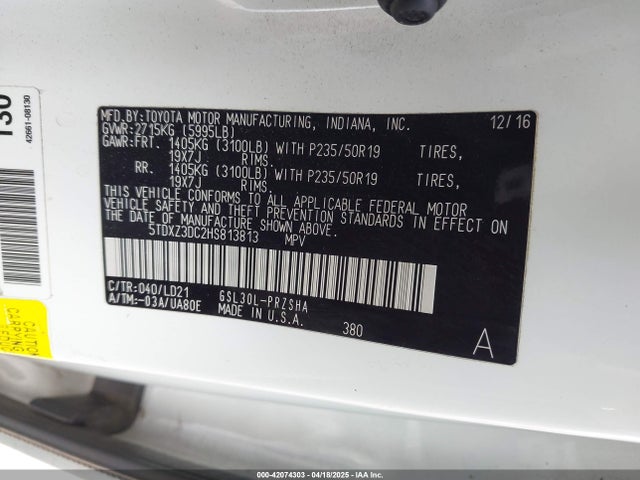 5TDXZ3DC2HS813813 Toyota Sienna Se Premium 8 Passenger