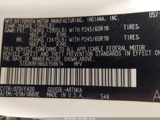 5TDZKRFH8GS158614 Toyota Highlander Le Plus V6