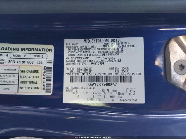 1FA6P8CF3F5408952 Ford Mustang Gt Premium