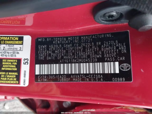 4T1G11BK2MU045239 Toyota Camry Se Awd