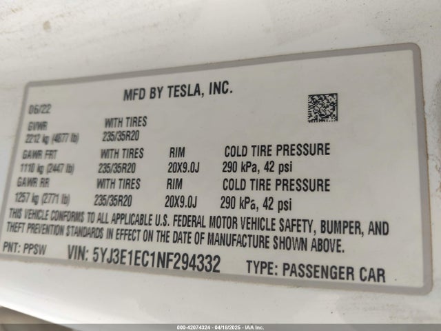 2022 TESLA MODEL 3 5YJ3E1EC1NF294332 Photo 8