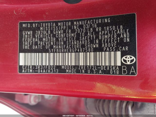5YFBURHE8GP487580 Toyota Corolla S Plus