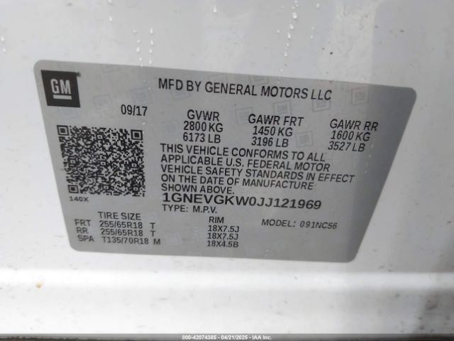 1GNEVGKW0JJ121969 Chevrolet Traverse 1lt