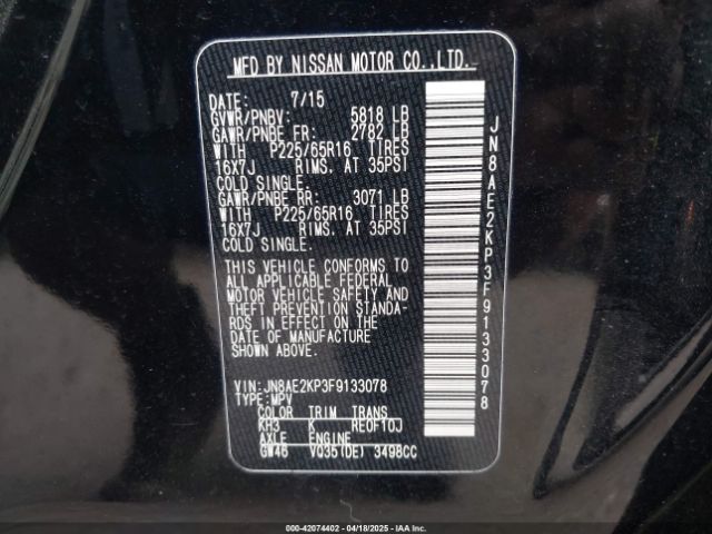 JN8AE2KP3F9133078 Nissan Quest Platinum/s/sl/sv