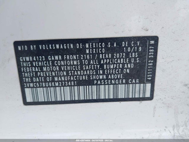 3VWC57BU6KM273481 Volkswagen Jetta 1.4t R-line/1.4t S/1.4t Se