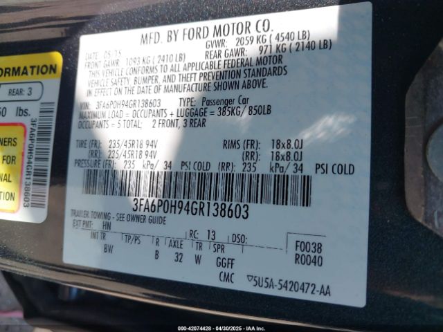 3FA6P0H94GR138603 Ford FUSION SE