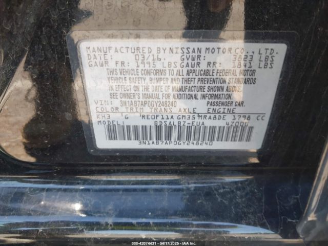 3N1AB7AP0GY248240 Nissan Sentra S/sv/sr/sl