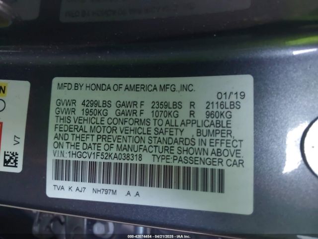 1HGCV1F52KA038318 Honda Accord Ex-l