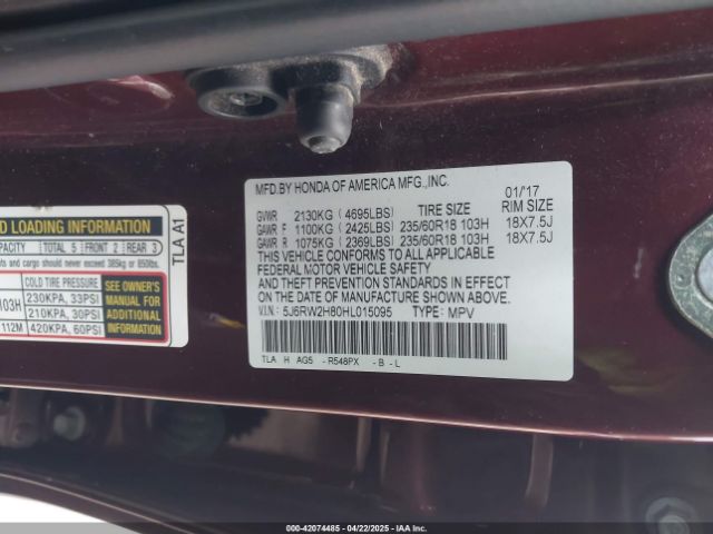 5J6RW2H80HL015095 Honda Cr-v Ex-l/ex-l Navi