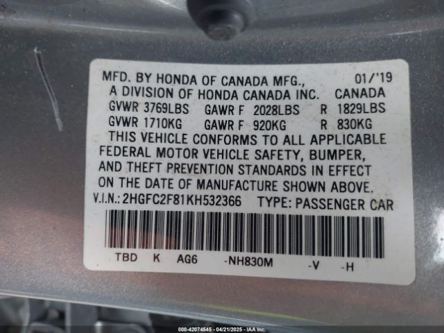 2HGFC2F81KH532366 Honda Civic Sport