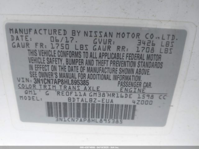 3N1CN7AP8HL895385 Nissan Versa 1.6 Sv