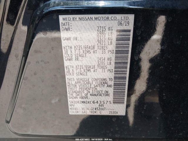 5N1DR2MN1KC643575 Nissan Pathfinder Sl