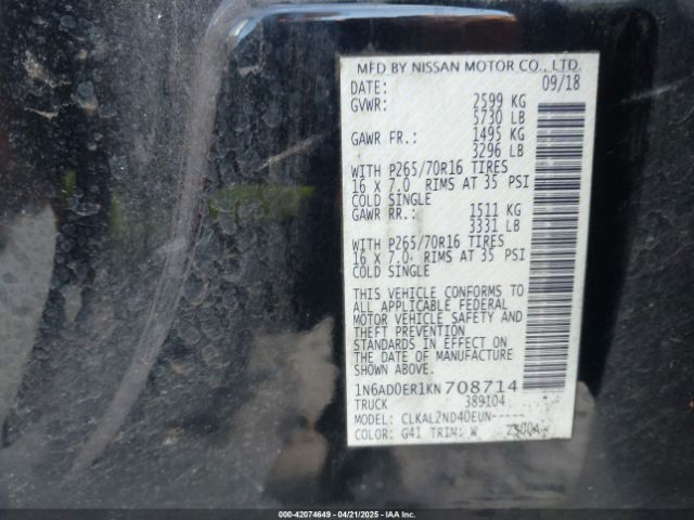 1N6AD0ER1KN708714 Nissan Frontier Sv