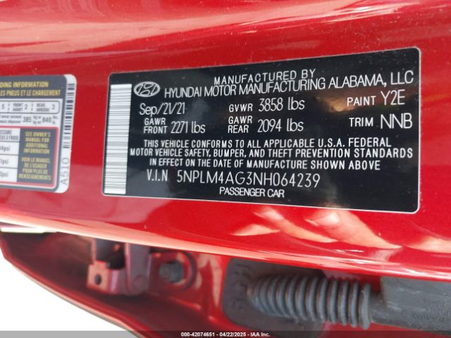 5NPLM4AG3NH064239 Hyundai ELANTRA SEL