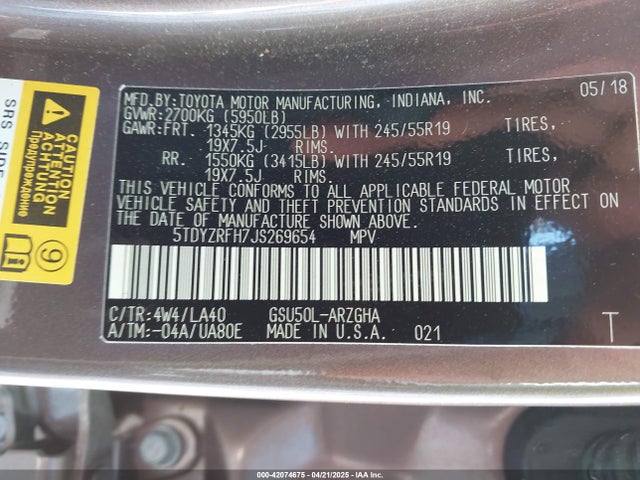 Toyota Highlander Limited Platinum 2018 5TDYZRFH7JS269654 Image 9