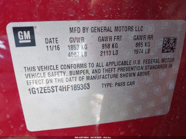 1G1ZE5ST4HF189363 Chevrolet MALIBU 1LT