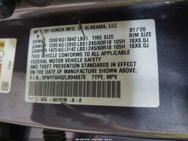 5FNYF6H52LB048870 Honda Pilot Awd Ex-l