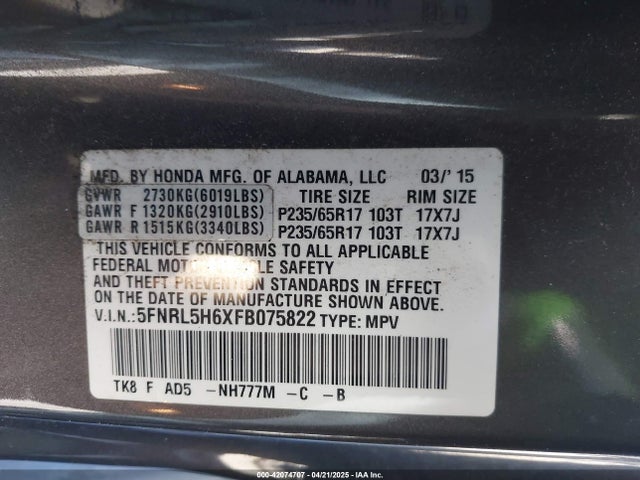 5FNRL5H6XFB075822 Honda j35z8