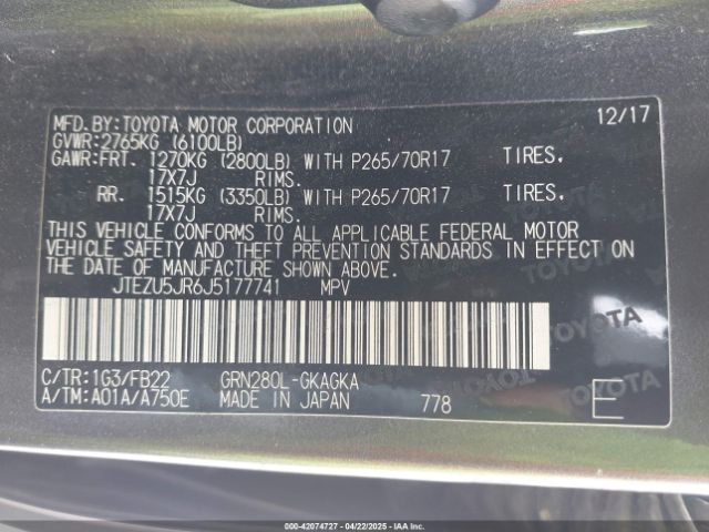 JTEZU5JR6J5177741 Toyota 4RUNNER SR5